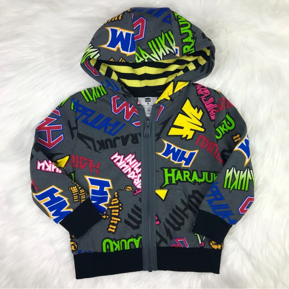 Toddler Boys Harajuku Zip Up Printed Green Hoodie 2T
